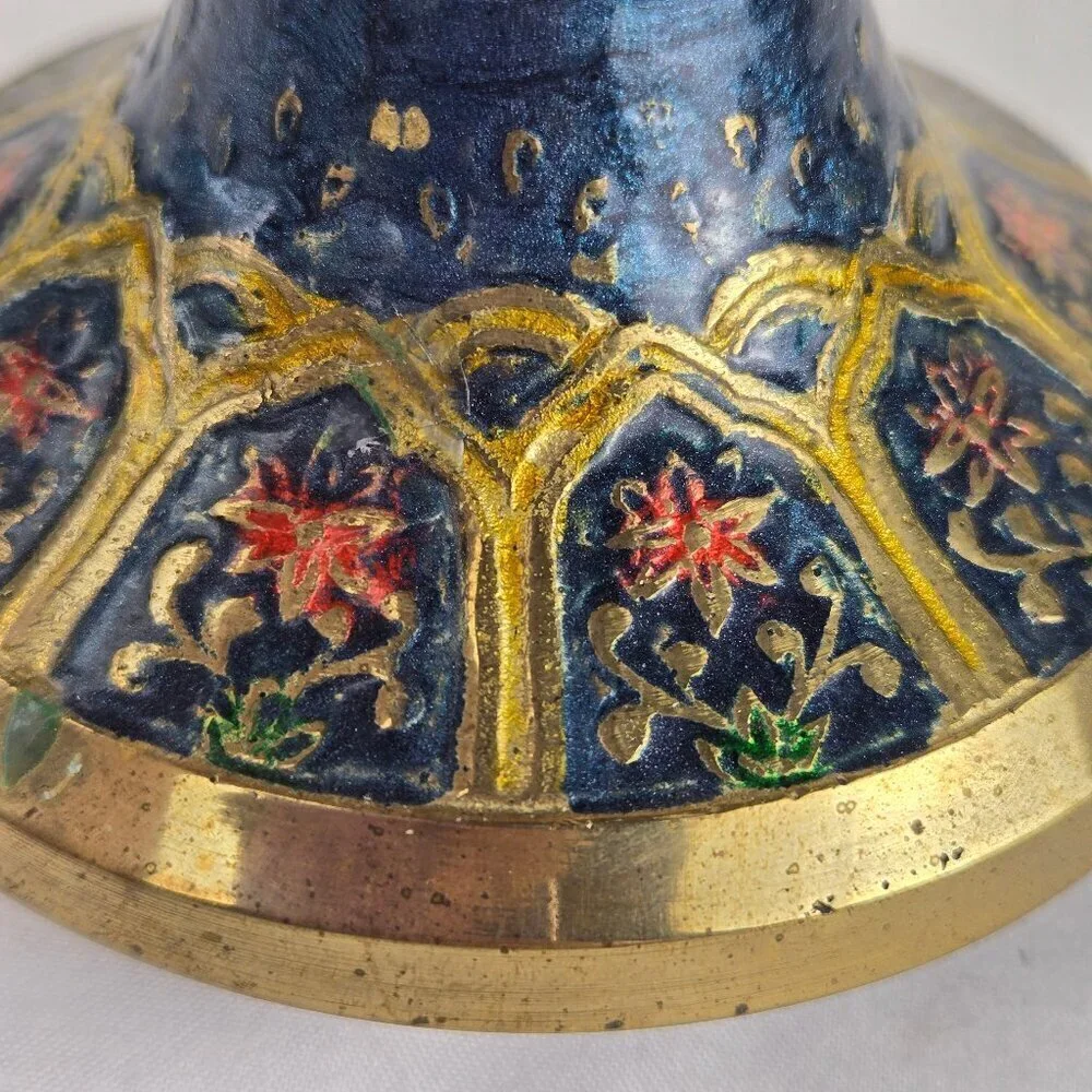 Vintage Persian Enamel on Brass Candlestick Holders Set of 2 Floral Blue Gold